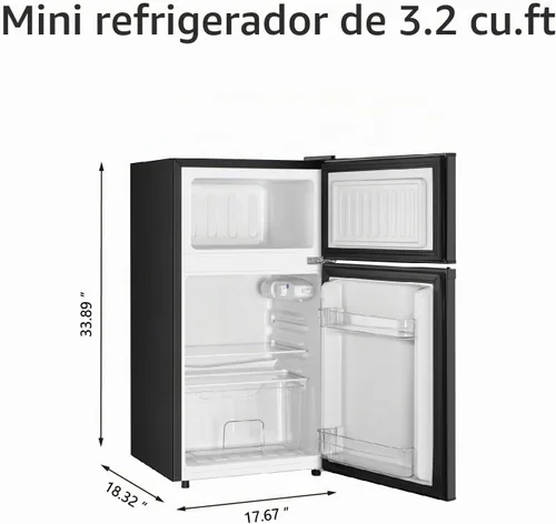 Vista 5 de Saeoola Mini refrigerador con congelador, 3.2 pies cúbicos, mini refrigerador compacto de 2 puertas con congelador separado para dormitorio Negro