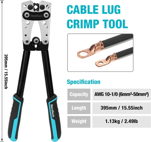Vista 2 de DURATECH Herramienta de prensado de cables de batería con cortador de alambre, herramientas de crimpadora de cables AWG 10 8 6 4 2 1/0