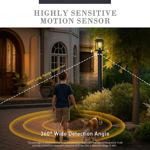 Vista 4 de zeyu Luz de poste con sensor exterior, lámpara de poste de lámpara para exteriores de 12.2 pulgadas, detección de 360°, 4 modos, aluminio fundido a