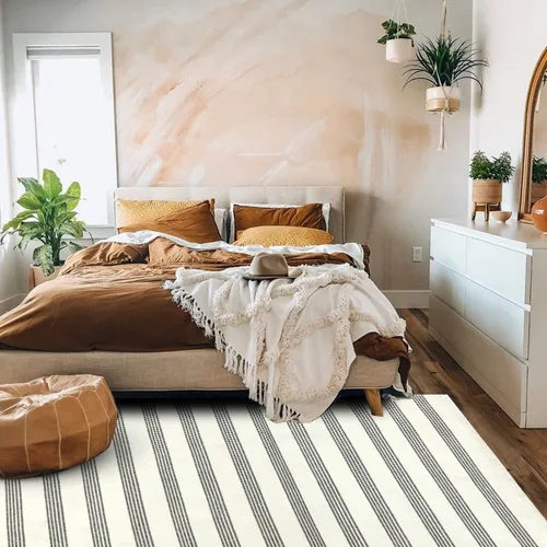Vista 3 de KIMODE Alfombra bohemia a rayas de 4 x 6 pies, alfombra de algodón tejida de algodón para área de tráfico pequeño, alfombra lavable para baño