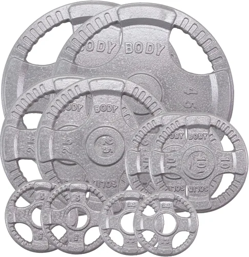 Vista 11 de Body-Solid Juego de discos olímpicos de hierro fundido con diseño de agarre cuádruple, pesas libres, placas de mancuernas, agujero estándar de 2