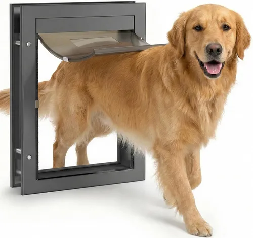 Vista 10 de Puerta para perros grandes, marco de aluminio negro grande para mascotas con bloqueo de 2 vías, fácil de instalar en puerta