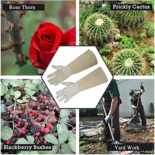 Vista 4 de HANDLANDY Paquete - 2 pares: guantes largos de jardinería para poda de rosas, guantes de trabajo de patio resistentes para mujer, color beige