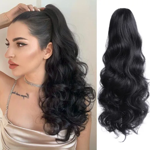 Vista 37 de Extensión de cola de caballo de garra negra natural ondulada de 16 pulgadas, extensiones de cabello sintético rizado con clip, extensiones