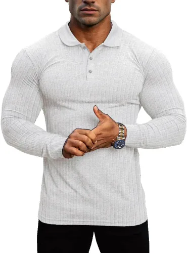 Vista 8 de Lehmanlin Men's Long Sleeve Polo Shirt Muscle Fit Cotton Top A-negro/Largo