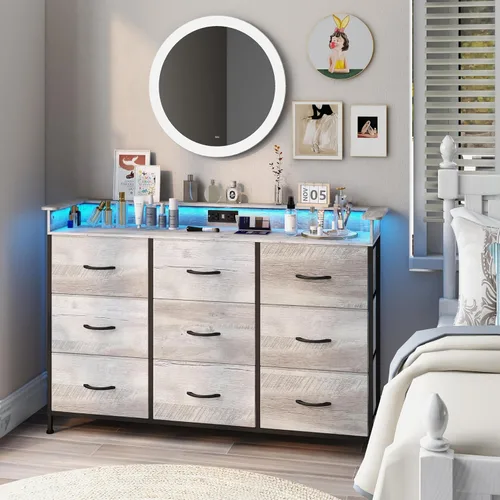 Vista 11 de EXOTICA Cómoda blanca con luz LED para dormitorio, 9 cajones con estación de carga, cómoda para entrada, armario, sala de estar, pasillo, marco