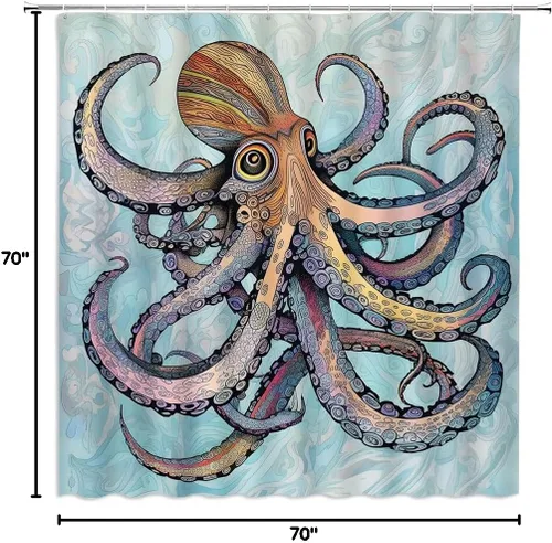 Vista 4 de Cortina de ducha bohemia con diseño de pulpo, diseño abstracto de Kraken con diseño floral bohemio, océano, gigante, vida marina, tentáculo, cortina
