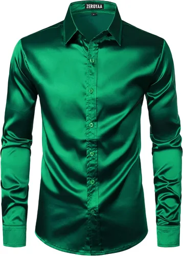 Vista 3 de ZEROYAA Men's Luxury Shiny Silk Like Satin Button Up Dress Shirts