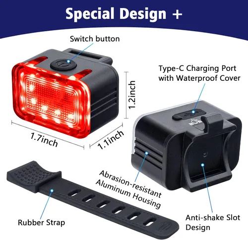 Vista 4 de Potente juego de luces recargables para bicicleta: luces delanteras y traseras de bicicleta inteligentes multimodos ultra brillantes con focos