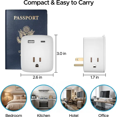 Vista 7 de Extensor de salida aprobado para cruceros, regleta de alimentación sin sobretensiones con 3 salidas de CA y 2 USB (1 USB-C), adaptador de enchufe