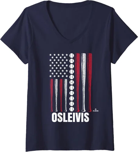 Vista 3 de Womens Baseball American Flag Osleivis Basabe Prospect Baseball Fan V-Neck T-Shirt