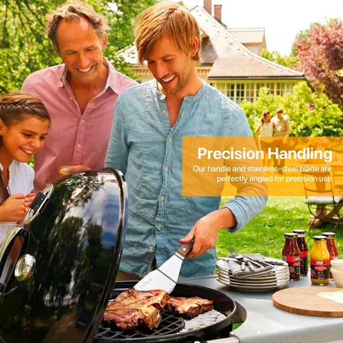 Vista 2 de Espátula de acero inoxidable para sartén de hierro fundido, espátula para parrilla con mango de madera, tortitas de metal resistente