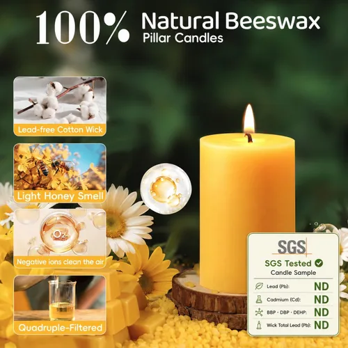 Vista 3 de Velas de pilar de cera de abeja natural, no tóxicas, 2 x 3 pulgadas, paquete de 6, 192 H de combustión larga Amarillo