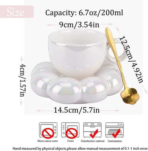 Vista 4 de Taza de café de flores, juego de taza de café y platillo de cerámica con nube, bonita taza con cuchara de flores, taza de té Kawaii con plato