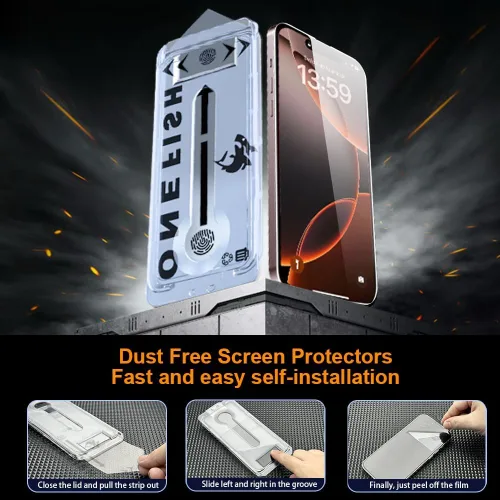 Vista 2 de OneFish Película de vidrio para iPhone 11 / XR, vidrio templado, automático, a prueba de polvo, sin burbujas, película protectora fácil de aplicar
