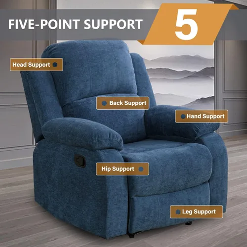 Vista 6 de Juego de sofá reclinable manual para sala de estar, juego de muebles de 3 piezas, sofá reclinable de tela Courduroy y dos sillas con mesa Azul