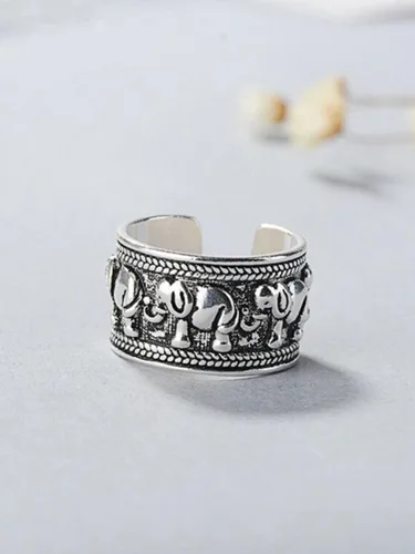 Vista 2 de Anillo de plata de ley 925 con elefante, anillo ajustable para mujer, color blanco, Plata