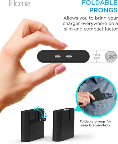 Vista 5 de iHome Cargador USB-C multipuerto de 40 W, bloque plano de 2 puertos AC Pro, adaptador de pared de carga rápida dual Foldable Prongs, Fast