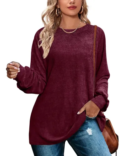 Vista 2 de OFEEFAN - Suéteres para mujer, sudaderas holgadas sin botones, con cuello redondo y manga globo