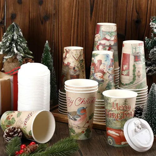 Vista 4 de Cholemy 60 tazas de papel de café de Navidad con tapas, vasos de papel desechables de 16 onzas para decoración de mesa de Navidad, suministros