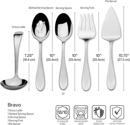 Vista 3 de Mikasa Bravo - Juego de 6 piezas de acero inoxidable 18/10, cucharas de servir, tenedor, servidor de tartas, cucharón de salsa, cubiertos pulidos