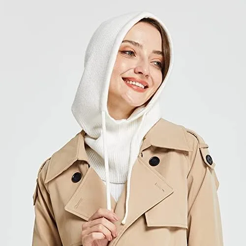 Vista 8 de Facecozy Sombreros de invierno para mujer, mezcla de lana, bufanda con capucha para mujer, pasamontañas, gorro de punto de calavera, gorro