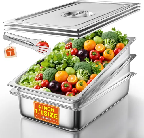 Vista 19 de WantJoin Recipientes Gastronómicos con Tapa 1/1 Tamaño Completo 4 Pulgadas de Profundidad Paquete de 3, Juegos de Bandejas de Metal de Acero