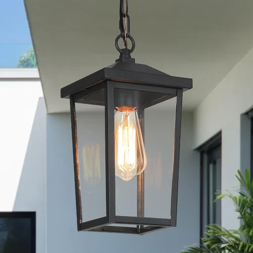 Vista 18 de Lámpara colgante para exteriores, luces colgantes antioxidantes exteriores de granja, luz de techo negra para exteriores con vidrio sembrado Negro