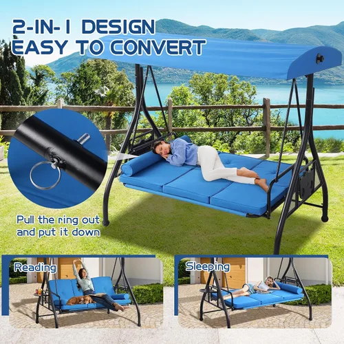 Vista 2 de Columpios de porche con toldo ajustable, cama de columpio para exteriores de 3 asientos, color azul Heavy Duty Porch Glider Bench with Stand