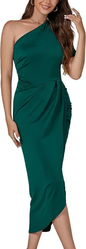 Vista 5 de LYANER Vestido midi de manga corta para mujer, con un hombro descubierto, fruncido, con abertura, abertura en la parte delantera