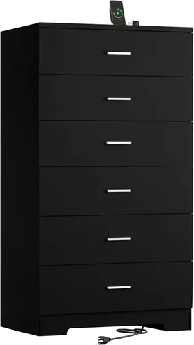 Vista 9 de Cómoda de 48" de alto para dormitorio, cómoda de madera con 6 cajones con tomas de corriente, cómoda con gran espacio de almacenamiento y asas