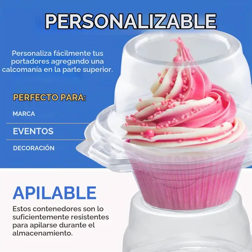 Vista 3 de Contenedores individuales para cupcakes (paquete de 100) Cajas de plástico transparente desechables para cupcakes Soporte individual