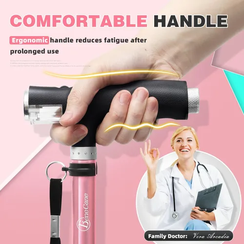 Vista 3 de Bastón BeneCane de cuatro puntas con dos luces LED con base grande, mango en T y ligereza, bastón ajustable para caminar de cuatro puntas resistente