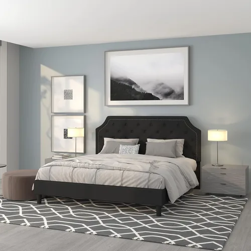 Vista 11 de EMMA + OLIVER Base de cama tapizada con diseño arqueado y diseño capitoné en tela beige