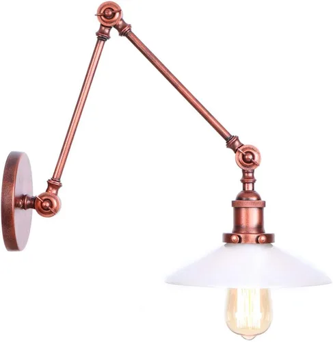 Vista 11 de Iluminación estilo loft con forma de platillo, aplique de pared ajustable, pantalla de vidrio blanco lechoso, brazo oscilante, lámpara de pared Latón