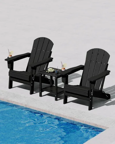 Vista 2 de Juego de 2 sillas Adirondack plegables HDPE con mesa auxiliar, color negro