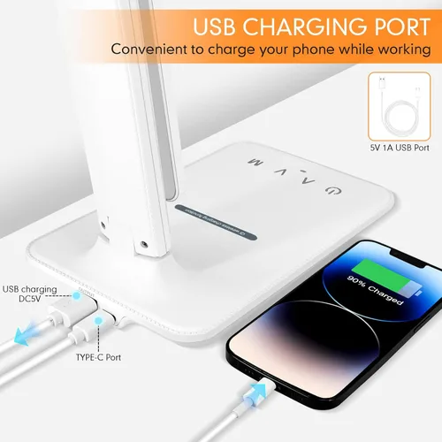 Vista 5 de Lámpara de escritorio LED White Crown con cargador inalámbrico de 15W y puerto USB, lámpara de mesa regulable con 5 modos de iluminación, control