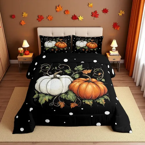 Vista 36 de Erosebridal Juego de edredón individual de pavo de Acción de Gracias, juego de ropa de cama de calabaza con hojas de otoño para niños y adultos