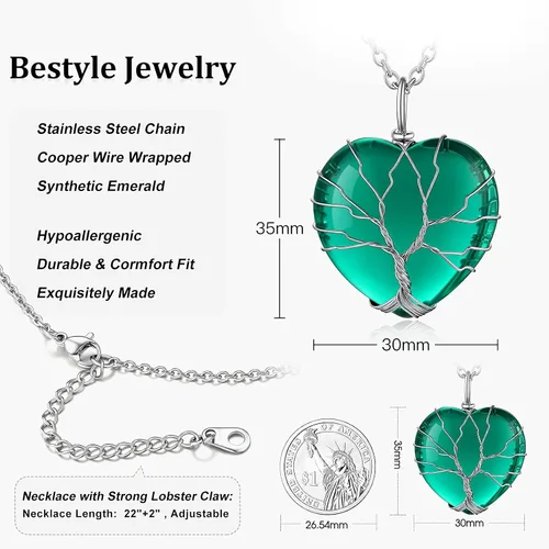 Vista 7 de Bestyle Collar de cristal curativo envuelto en árbol de la vida, colgante de piedra natal de 12 meses para mujeres, joyas de piedras preciosas