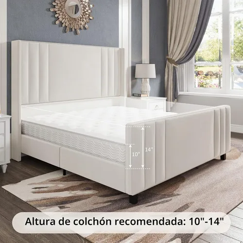 Vista 7 de Albott Base de cama de plataforma tamaño King, cama tapizada con cabecera y pie de cama con respaldo alado capitoné de canales verticales Crema
