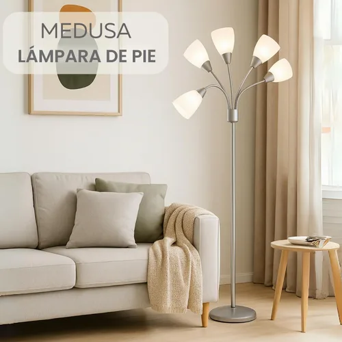 Vista 2 de LIGHTACCENTS Lámpara de pie Medusa de 5 luces para dormitorio – Lámpara de pie con múltiples cabezas y 5 pantallas de acrílico blanco, lámpara araña
