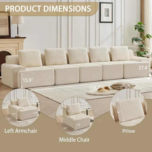 Vista 28 de Sofá modular modular con otomana móvil, sofá de asiento profundo con almohadas, cómodo sofá modular de nube para sala de estar, dormitorio y Blanco