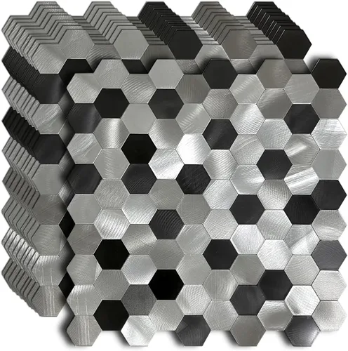 Vista 7 de XUANINY 10 azulejos de respaldo de metal para despegar y pegar, adhesivo de mosaico de aluminio para decoración de pared de cocina, diseño hexagonal