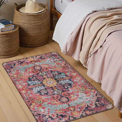 Vista 3 de Lahome Alfombra Floral Bohemio Medaillon - 2x3 Pequeña Alfombra de Baño Rosa Caliente, Alfombra de Cocina, Lavable a Máquina, Antideslizante, Suave