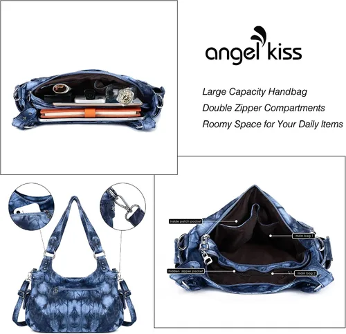 Vista 3 de Angelkiss Monederos grandes y bolsos para mujer, de piel sintética lavada, bolso cruzado de hombro