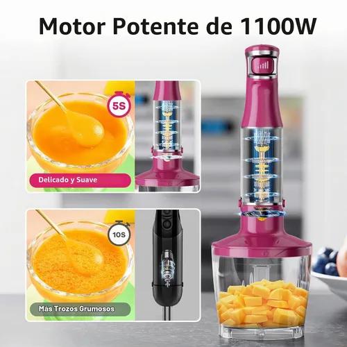 Vista 3 de Mezclador de inmersión Turelar de mano con cable, 1100W 5 en 1 juego de Rojo rosa
