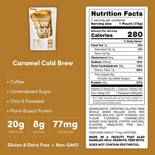 Vista 2 de Oats Overnight - Caramel Cold Brew - Vegano, 0.71 oz de proteína, batido de desayuno alto en fibra, 65 mg de cafeína, sin gluten, avena sin OMG