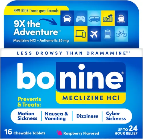 Vista 2 de Bonine Sin Somnolencia para Alivio del Mareo por Movimiento, Mareo Marítimo, Mareo en Coche, Náuseas y Vómitos, con Meclizina HCl 25mg, Frambuesa