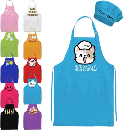 Vista 15 de Delantal personalizado para niños y sombrero de chef, delantal personalizado para niños con nombre, delantal de pintura personalizado, para cocinar