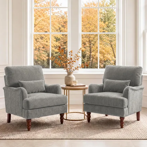 Vista 24 de Mid-Century - Silla decorativa moderna con almohada lumbar, color gris Chenille Gris Claro